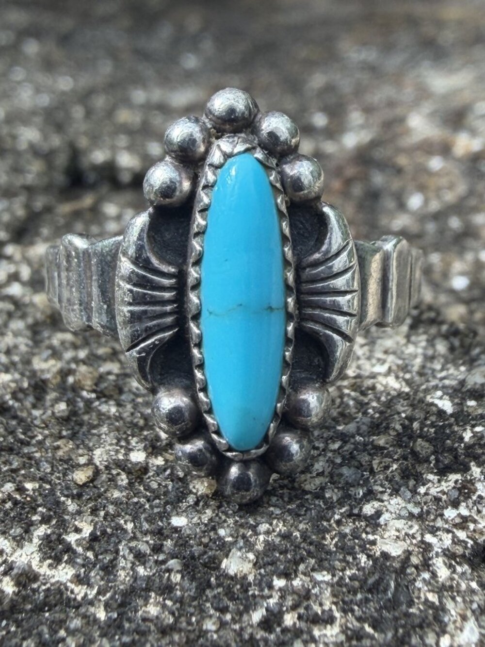 Vintage Southwestern Sterling Silver Faux Turquoise Ring Size 4.5 Raindrops Fan